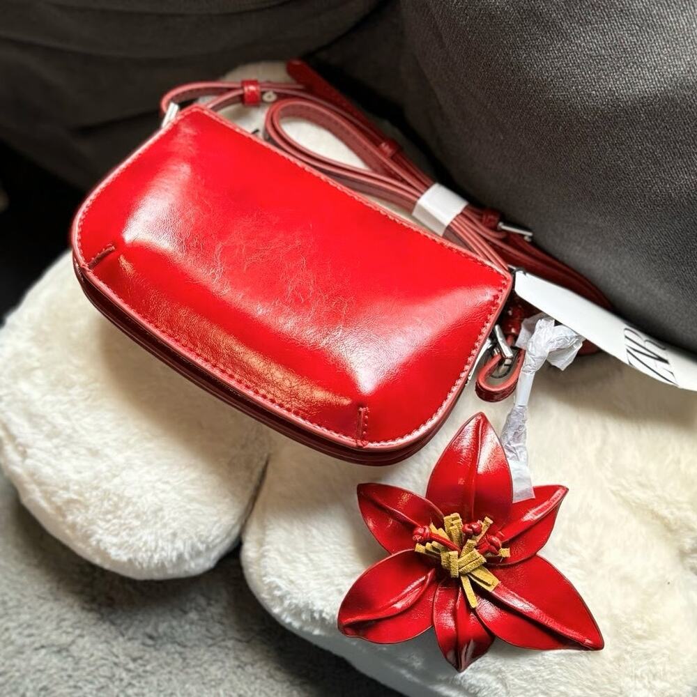 Zara NWT Red Mini Crossbody Shoulder Bag Flower Charm